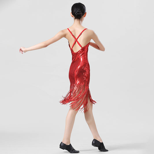 Enchanta Lesla Dance Dress. Long Womens Jazz Dresses with Sequin Fringe and Halter. Party Dance Costume Wear