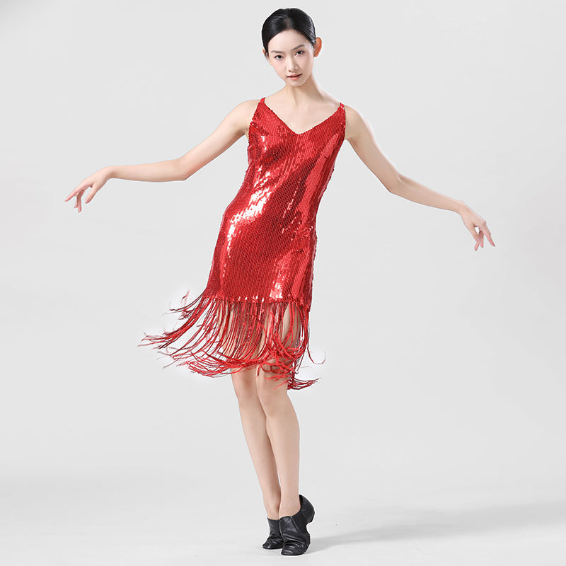 Enchanta Lesla Dance Dress. Long Womens Jazz Dresses with Sequin Fringe and Halter. Party Dance Costume Wear