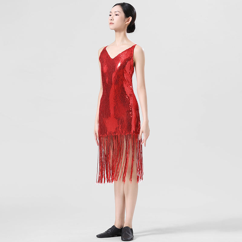 Enchanta Lesla Dance Dress. Long Womens Jazz Dresses with Sequin Fringe and Halter. Party Dance Costume Wear