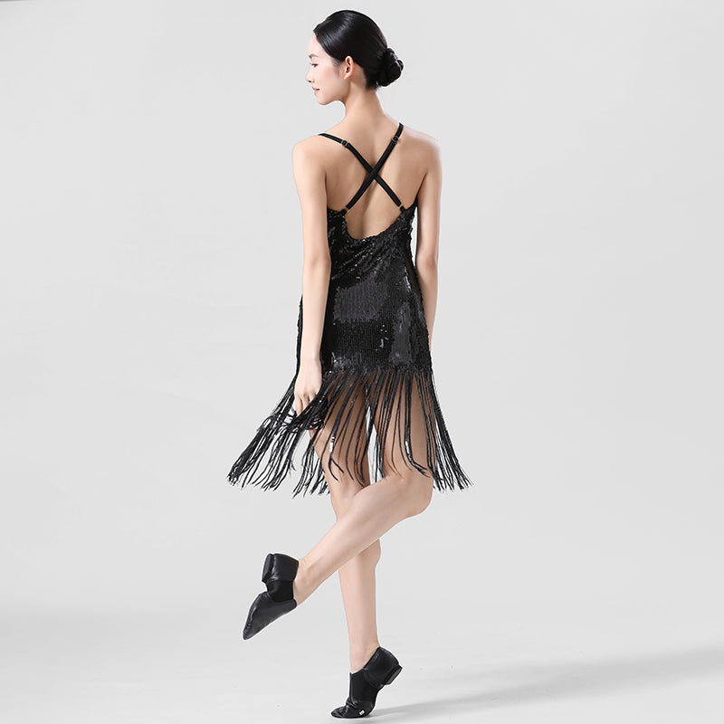 Enchanta Lesla Dance Dress. Long Womens Jazz Dresses with Sequin Fringe and Halter. Party Dance Costume Wear