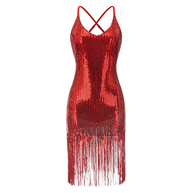 Enchanta Lesla Dance Dress. Long Womens Jazz Dresses with Sequin Fringe and Halter. Party Dance Costume Wear
