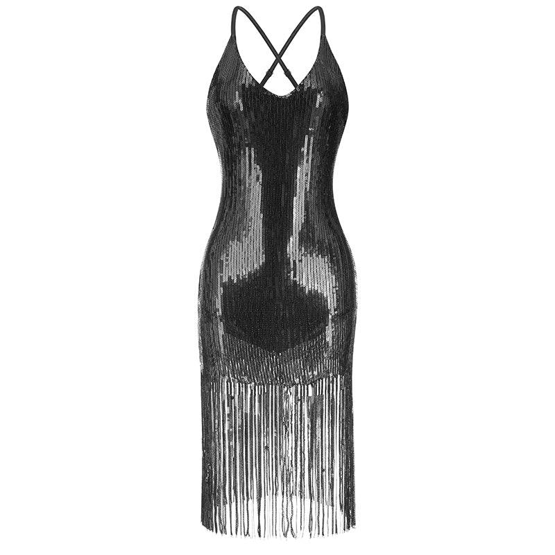 Enchanta Lesla Dance Dress. Long Womens Jazz Dresses with Sequin Fringe and Halter. Party Dance Costume Wear