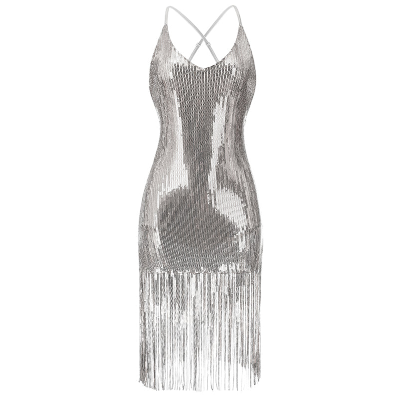 Enchanta Lesla Dance Dress. Long Womens Jazz Dresses with Sequin Fringe and Halter. Party Dance Costume Wear