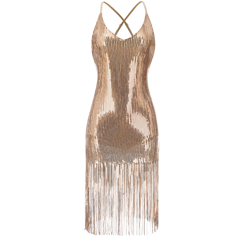 Enchanta Lesla Dance Dress. Long Womens Jazz Dresses with Sequin Fringe and Halter. Party Dance Costume Wear